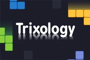 暗い背景に白い「Trixology」の文字と周囲にカラフルなブロックが配置された画像。