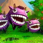 紫色のユニークなクリーチャーが緑の草地で飛び跳ねている。