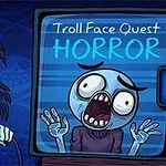 青白い肌と笑顔のキャラクターがコントローラーを握り、横にホラーと書かれたタイトル画面を表示したテレビがある。