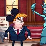 アメリカの国旗を持った警察官と自由の女神が描かれた風刺的なイラスト。