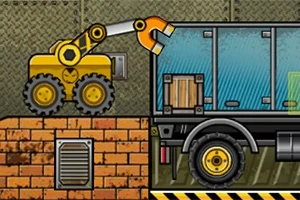 黄色のフォークリフトがクレーンを使ってトラックに木箱を積み込んでいるイラスト。