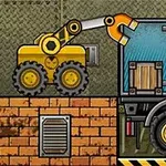 黄色のフォークリフトがクレーンを使ってトラックに木箱を積み込んでいるイラスト。