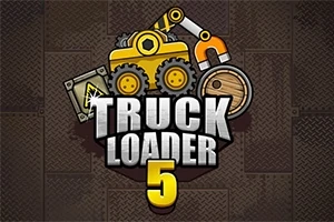 黄色のクレーンがあるトラックと木製の荷物、金属板の背景の上に「TRUCK LOADER 5」の文字。