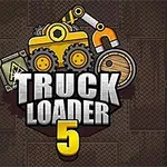 黄色のクレーンがあるトラックと木製の荷物、金属板の背景の上に「TRUCK LOADER 5」の文字。