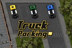 駐車場に停まっている黄色、緑、青の3台のトラックと「Truck Parking Pro」の文字。