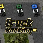 駐車場に停まっている黄色、緑、青の3台のトラックと「Truck Parking Pro」の文字。