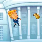 青い背景の前で、スーツ姿のアニメキャラクターが飛んでいる様子。