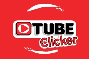 赤い背景に、中央には赤い再生ボタンアイコンと「TUBE Clicker」の文字が描かれています。