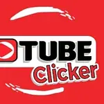 赤い背景に、中央には赤い再生ボタンアイコンと「TUBE Clicker」の文字が描かれています。