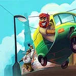 緑と黄色のオートリクシャを運転する赤髪の男性と、その後ろを追いかける白い服の男性。