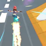 女性キャラクターが道路上でホバーボードに乗り、火を吹きながら進んでいるシーン。