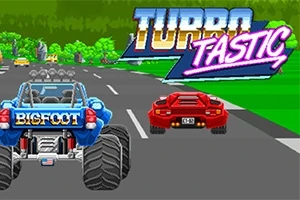 青いモンスタートラックと赤いスポーツカーが道路を走行しており、背景に「TURBO TASTIC」の文字が描かれている。