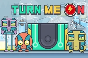 カラフルなロボットたちと「TURN ME ON」の文字が背景にあるイラスト。