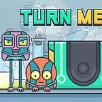 カラフルなロボットたちと「TURN ME ON」の文字が背景にあるイラスト。