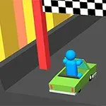 緑色の車に乗った青い人形がチェッカーフラッグのゴールラインを通過しているイラスト。
