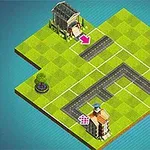 緑色の格子状の地面に、道路や建物が配置されたアイソメトリックビューのデザイン。