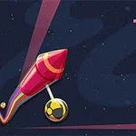 赤いロケットが星空を背景に弧を描いて飛んでいる様子。