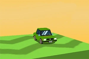 緑色の車が緑の丘の上にあり、背景はオレンジ色の空です。