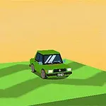 緑色の車が緑の丘の上にあり、背景はオレンジ色の空です。
