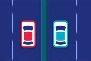 青い背景に、中央に赤と青の2台の車が縦に並んでいるイラスト。