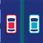 青い背景に、中央に赤と青の2台の車が縦に並んでいるイラスト。