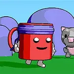 赤いカップが草原を歩いている中、背景に紫色の木々と左右に灰色の猫が描かれているイラスト。