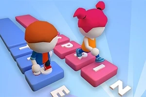 青い背景の上で、大きなタイルの上を歩く赤い髪と茶色の髪のキャラクターの2人。