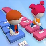 青い背景の上で、大きなタイルの上を歩く赤い髪と茶色の髪のキャラクターの2人。