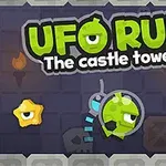 緑色のUFOが星や骸骨が並ぶ暗い背景の中を飛んでいるイラスト。