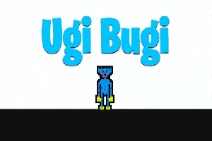 青い文字で「Ugi Bugi」と書かれた背景に、ピクセル風の青いキャラクターが中央に立っているイラスト。