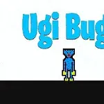 青い文字で「Ugi Bugi」と書かれた背景に、ピクセル風の青いキャラクターが中央に立っているイラスト。
