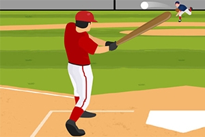 赤いユニフォームを着た野球選手がバッターボックスに立ちバットを構えている。