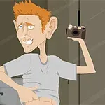 赤い髪のアニメ風キャラクターがカメラを持ち、部屋でシャツをめくっている姿。