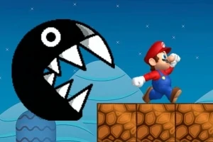 青空の下、赤い帽子と青い服を着た男性が大きな黒いボール状のキャラクターから逃げている場面。