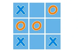 青い背景にオレンジの丸と青いバツが配置された3x3のグリッド。