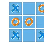 青い背景にオレンジの丸と青いバツが配置された3x3のグリッド。