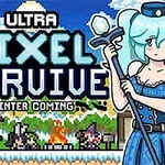 青髪のキャラクターが杖を持って立っている、ドット絵スタイルのポスター。