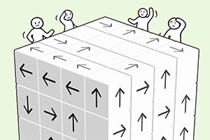 大きな矢印が描かれたキューブの上で4人の手を振る人物が配置されています。
