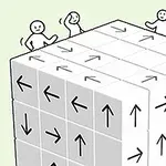大きな矢印が描かれたキューブの上で4人の手を振る人物が配置されています。