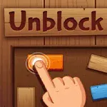 木の背景に指がオレンジ色のブロックをタップしているイラスト。