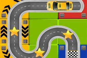 黄色のタクシーが曲がりくねったグレーの道を走り、道に星が並んでいる。