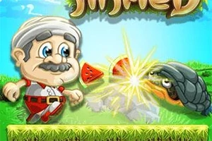 笑顔の老人と亀のキャラクターが登場し、中央にはスイカが砕け散っている。