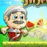 笑顔の老人と亀のキャラクターが登場し、中央にはスイカが砕け散っている。