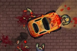 オレンジ色の車がレンガの道でゾンビに囲まれている様子。