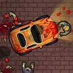 オレンジ色の車がレンガの道でゾンビに囲まれている様子。