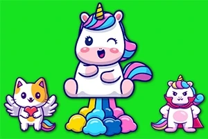 緑の背景に、虹色の角を持つユニコーンと、小さな翼のある猫、そして怒っている表情のユニコーンのキャラクターが描かれています。