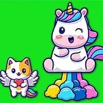 緑の背景に、虹色の角を持つユニコーンと、小さな翼のある猫、そして怒っている表情のユニコーンのキャラクターが描かれています。