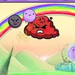 虹の下に城と笑顔や怒っている表情の雲が浮かんでいる。