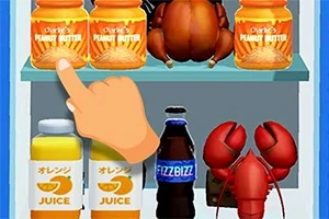 冷蔵庫内にピーナッツバターの瓶、ジュース、ソーダ、そしてロブスターが陳列され、指がピーナッツバターを指している。