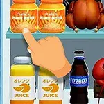冷蔵庫内にピーナッツバターの瓶、ジュース、ソーダ、そしてロブスターが陳列され、指がピーナッツバターを指している。